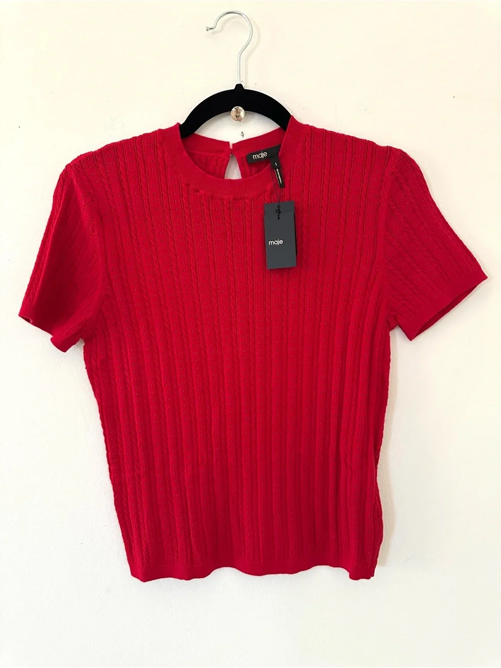 NWT MAJE round neck jumper red cable-knit and pointelle short sleeves size S